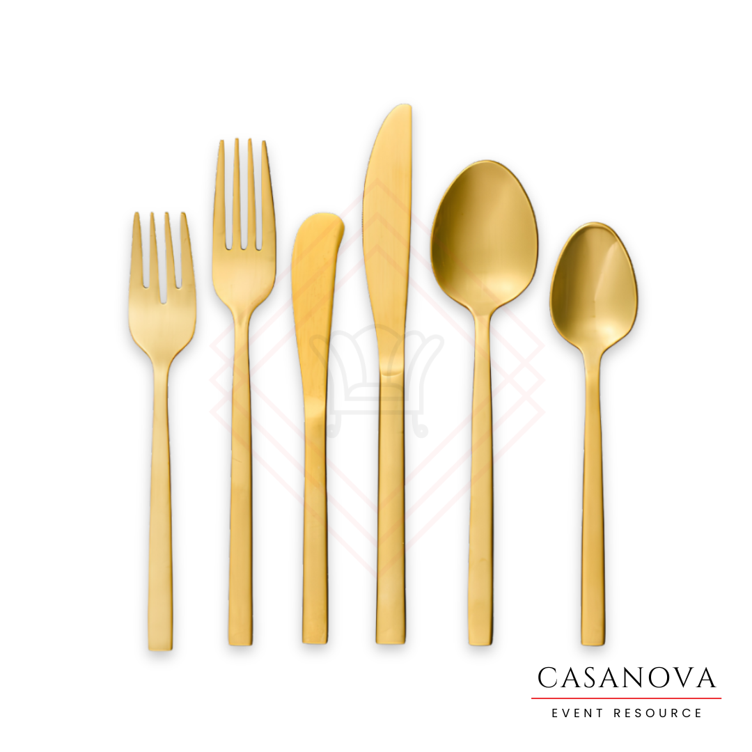 Brushed Gold Collection (Salad/Dessert Fork, Dinner Fork, Dinner Knife, Steak Knife, Butter Knife, Soup Spoon, Teaspoon)